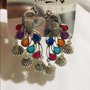 Silver Colorful Peacock Earrings